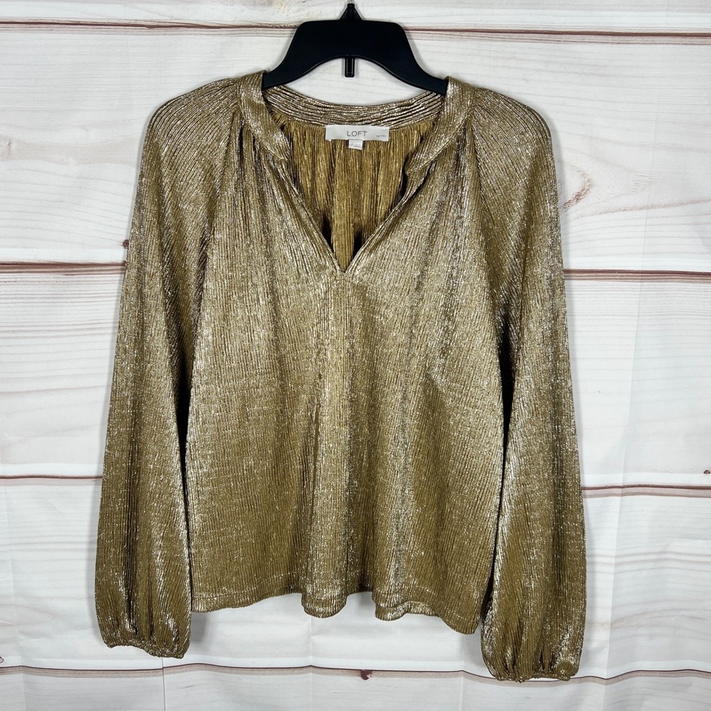 LOFT Top Womens PS Gold Lame Crinkle Blouse V-Neck Long‎ Sleeve Pullover Relaxed